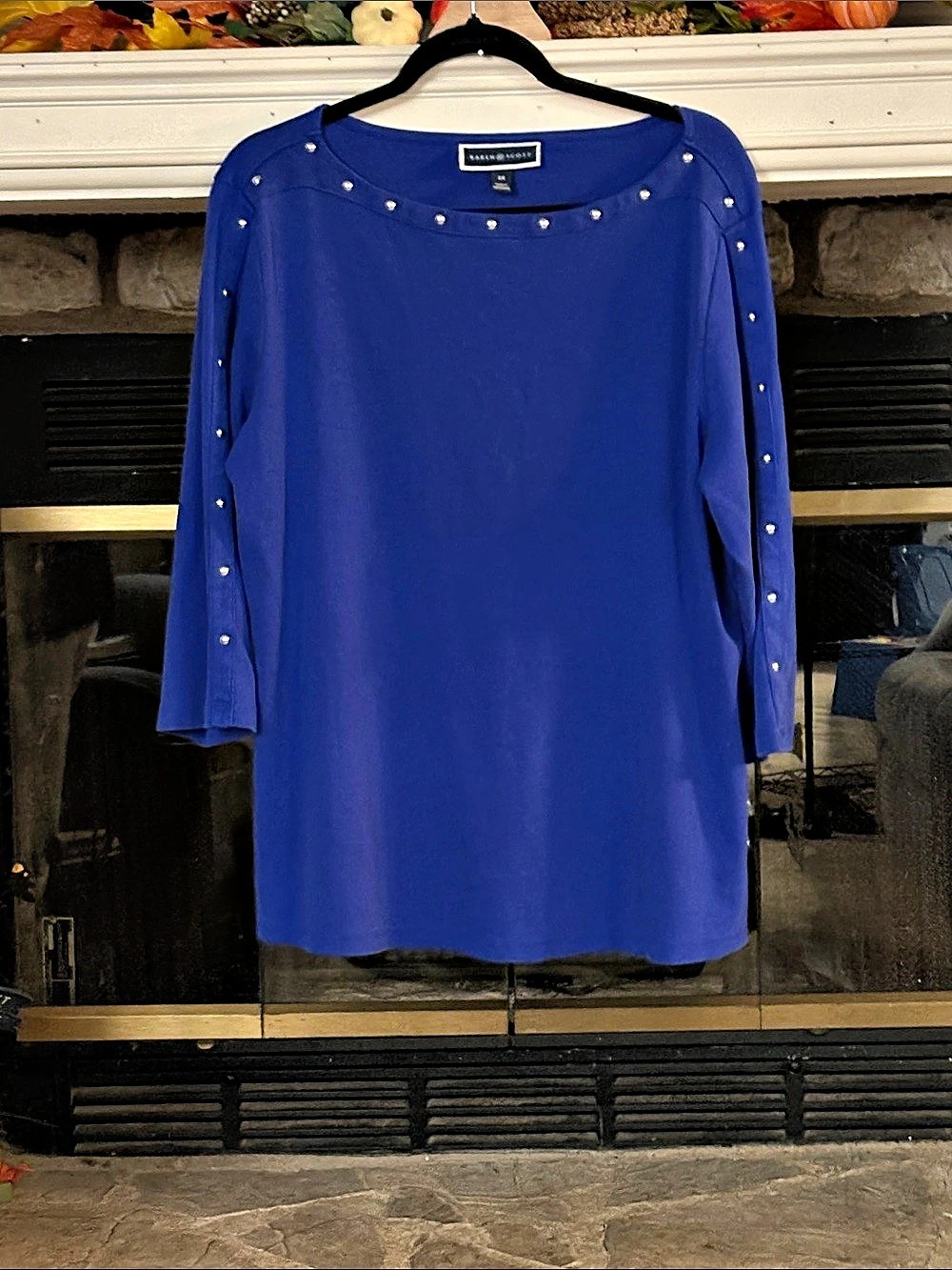 Karen Scott Plus Size Studded Boatneck Knit Top Blue 2X